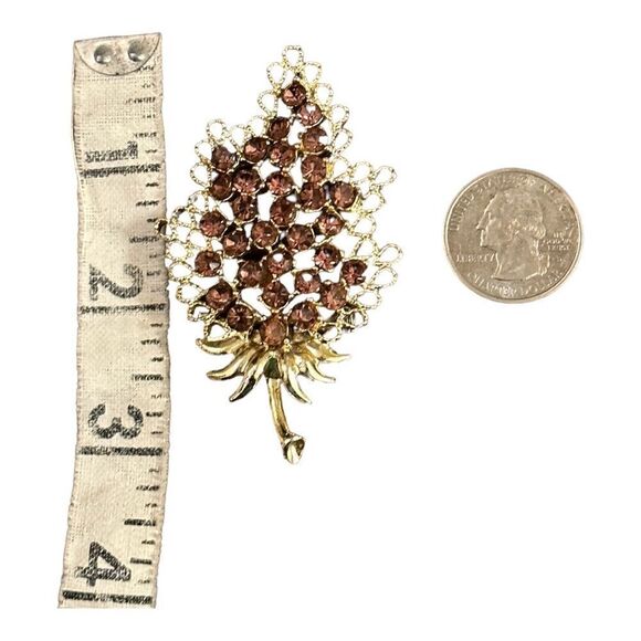 Vintage brooch single leaf amber rhinestones. Pin back, good toned, amazing - Picture 3 of 12